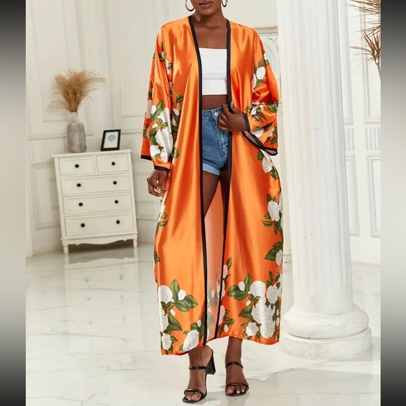 51Twenty Other - CAREER ORANGE FLOWER FULL LOUNGE S-4X COVERUP ROBE KAFTAN BEACH KIMONO DUSTER